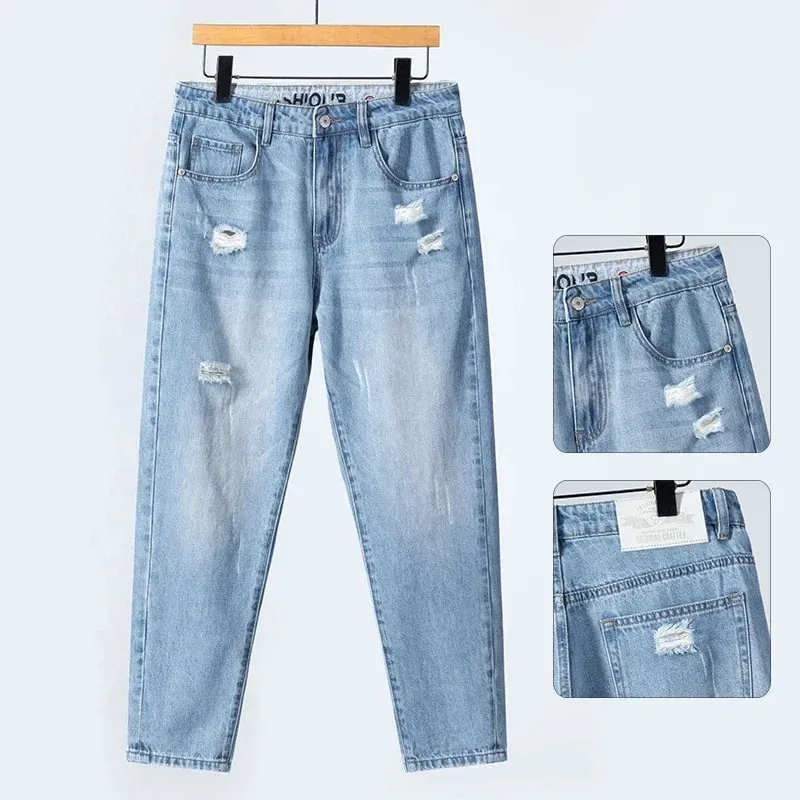 Verão fino rasgado jeans dos homens em linha reta respirável lavado denim calças casuais streetwear harlen tornozelo comprimento calças azul claro