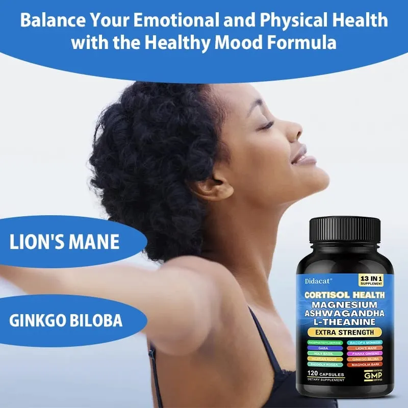 Cápsulas de suporte de cortisol com Ashwagandha e magnésio, suporte para alívio do estresse, humor calmo, saúde adrenal e sono reparador