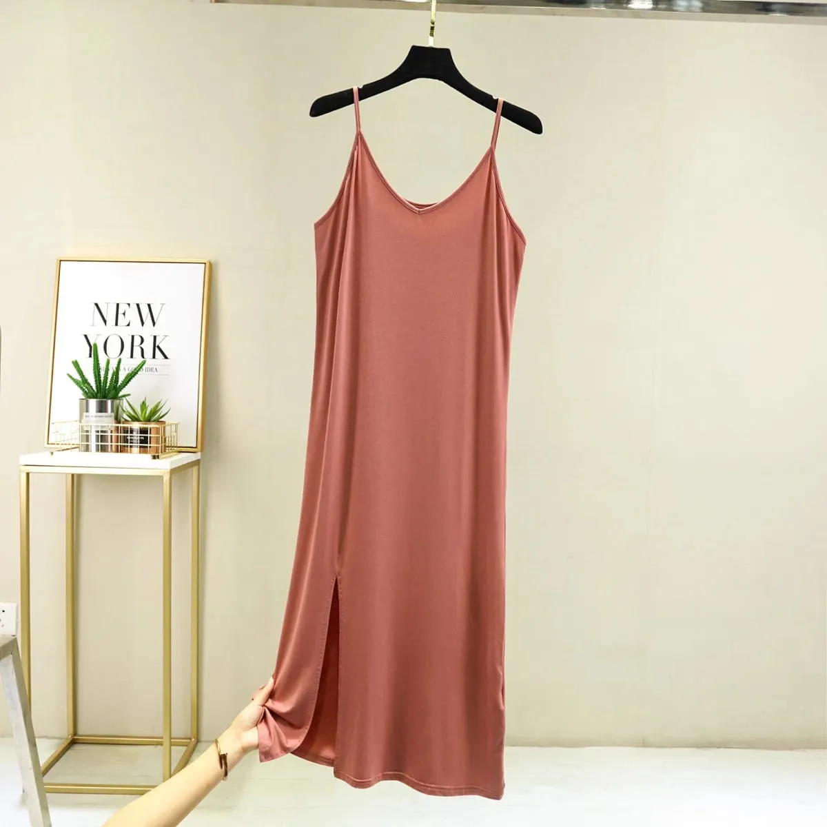 Vestido feminino modal completo deslizante, roupa íntima, alça longa, sólida, camisola, anágua interna, íntima