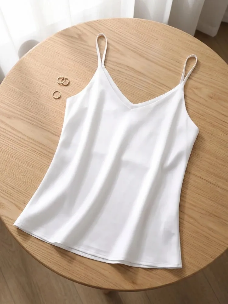 2026 verão cinta de espaguete feminino regata halter decote em v básico branco cami sem mangas cetim seda topos feminino