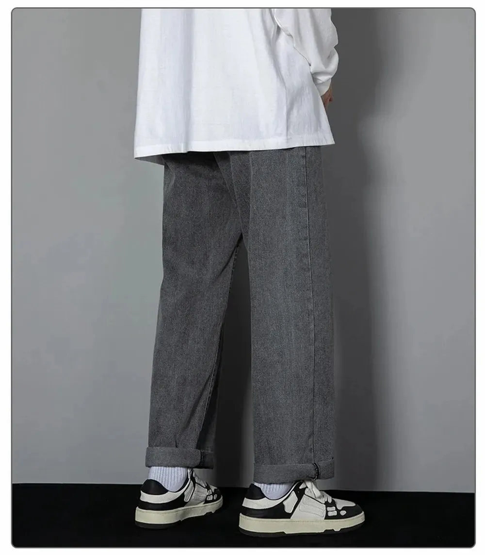 Korean Solid Colors Men's Casual Long Jeans Classic Man Four Seasons Straight Denim Wide-leg Pants Light Blue Grey Black 3XL