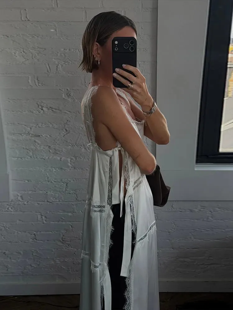 Sexy sólido rendas retalhos vestido feminino sem mangas estilingue alta divisão oco para fora vestidos senhora 2026 férias de verão feminino robe