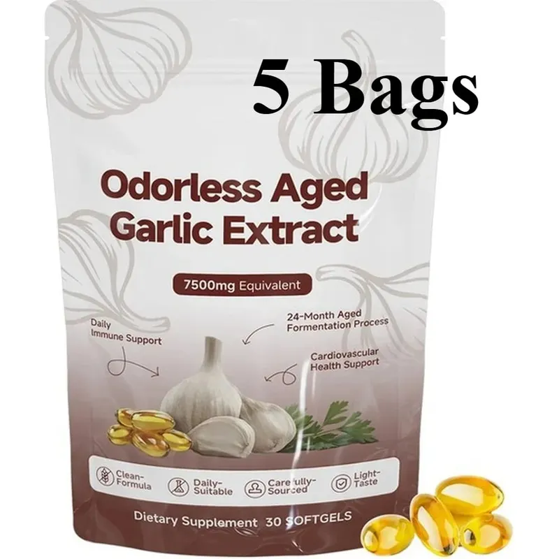 Extrato de alho envelhecido inodoro Softgels 7500mg equivalente 24 meses fermentado para suporte cardio metabólico imunológico adulto 30 contagens