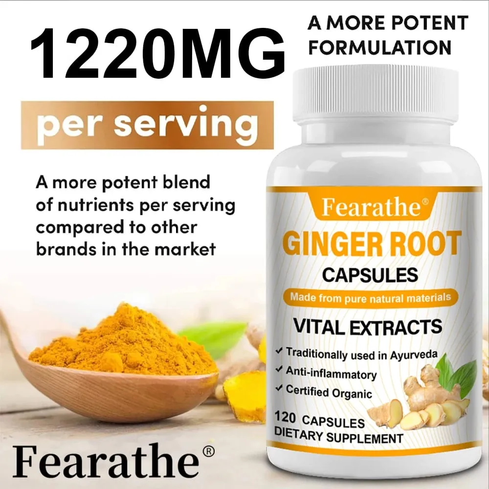 Cápsulas orgânicas de raiz de gengibre 1200 mg - com extrato de pimenta preta para saúde das articulações, anti-inflamação, saúde imunológica muscular
