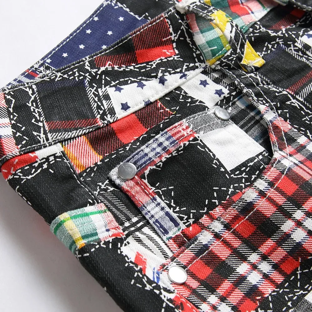 Men Plaid Digital Print Jeans Fashion Patches Patchwork Stretch Denim Pants Slim Straight Trousers