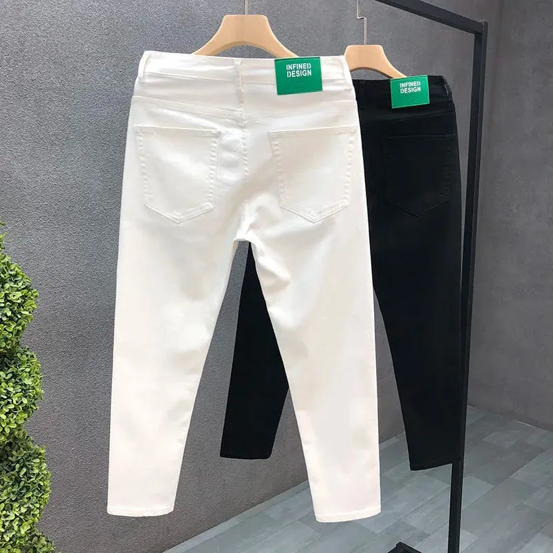 2023 primavera e outono nova moda clássica cor sólida elástico casual jeans masculino confortável de alta qualidade calças de pé pequeno 36