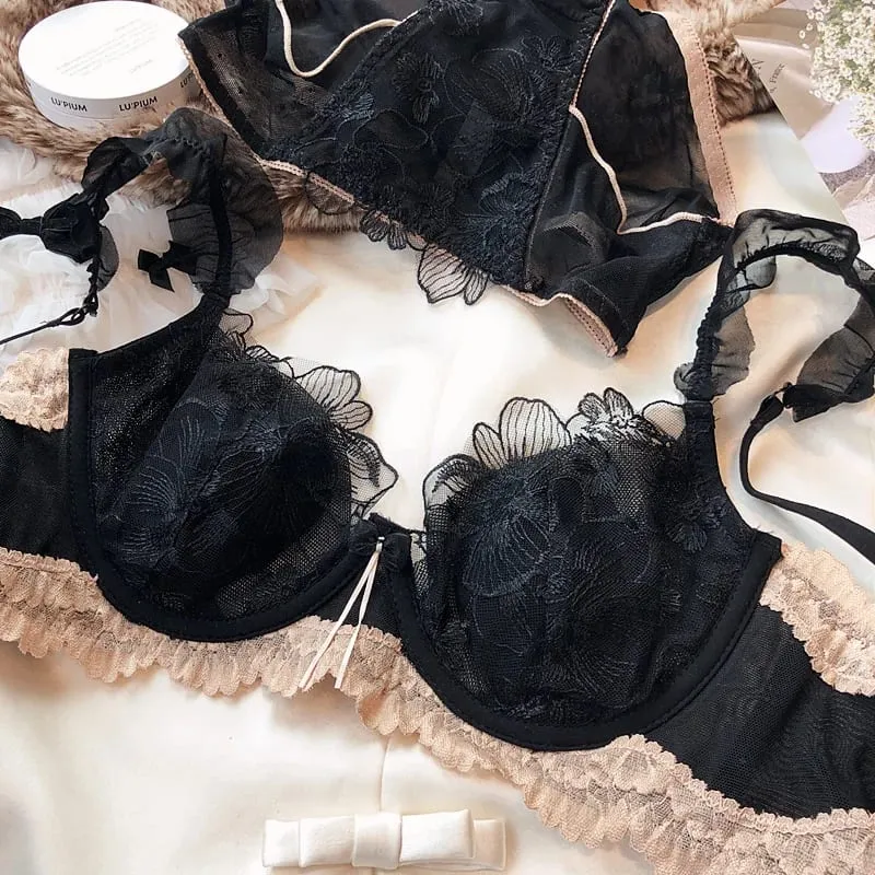 Francês elegante bordado renda minimizador sutiã suporte macio underwire coelho orelha copo sexy lingerie pura conjunto grande busto S-XL tushy