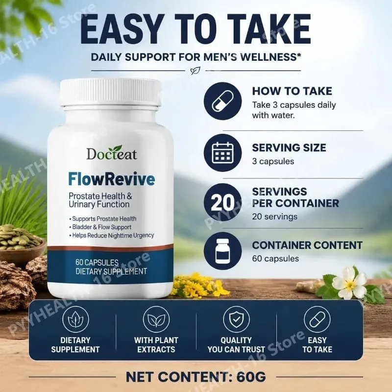 Docteat FlowRevive Próstata Saúde Função Urinária Cápsulas Botânicas com Saw Palmetto e Extrato de Casca de Pygeum 60 Cápsulas