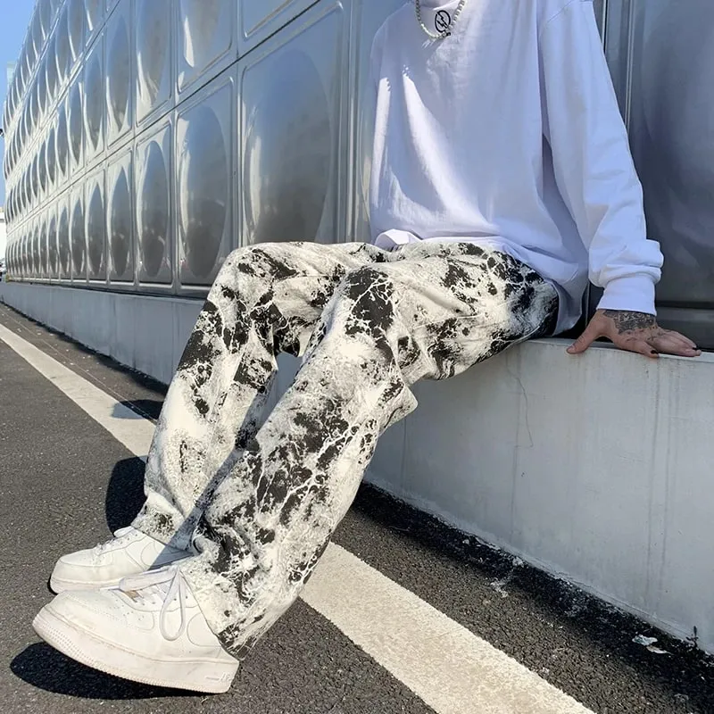 Calças de brim impressas unissex cintura elástica primavera 2025 esfregar calças jeans moda masculina estilo coreano alta rua solta calças hip hop