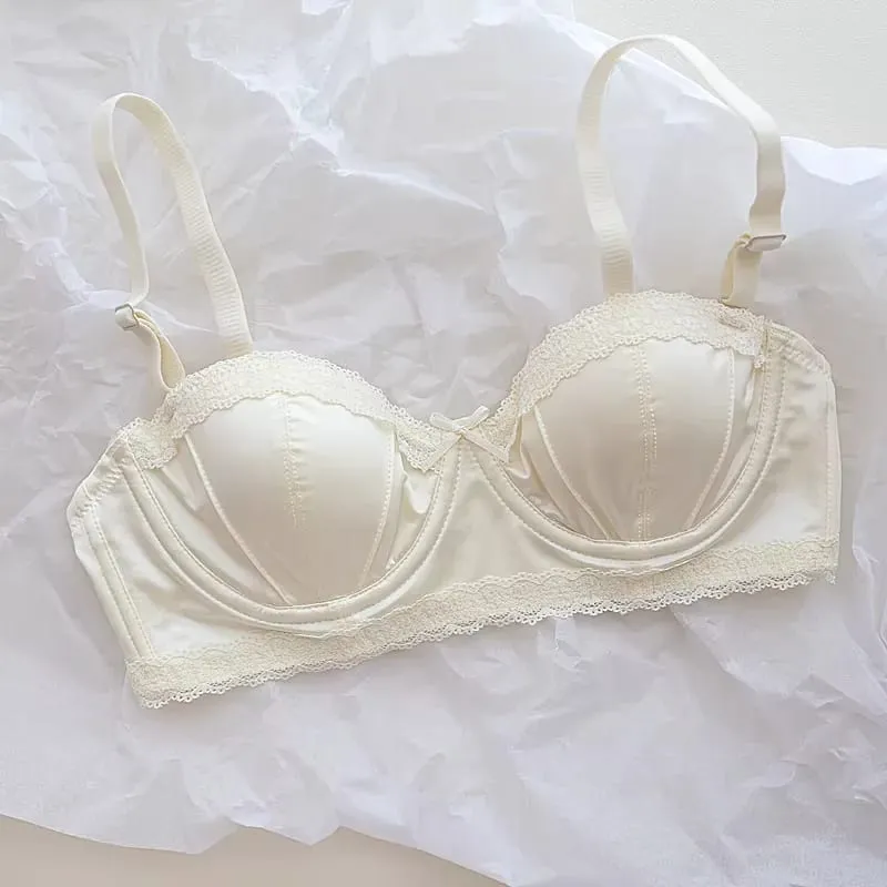 Luxo francês minimizador sutiã cetim renda fina copo macio underwire uplift centralização anti-flacidez sólido conforto suporte elegante feminino