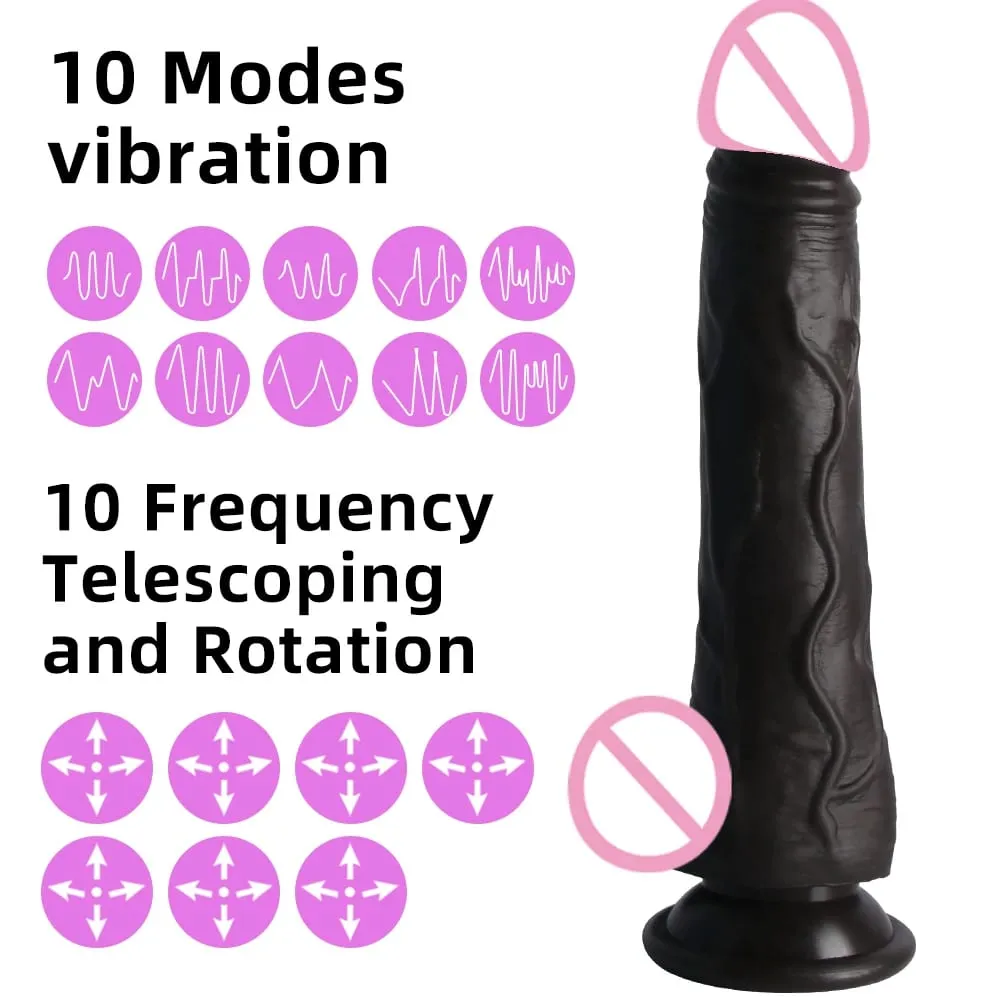 Empurrando preto realista pênis vibrador masculino pau telescópico rotativo aquecimento g ponto clitoral estimulação anal vibrador brinquedo sexual
