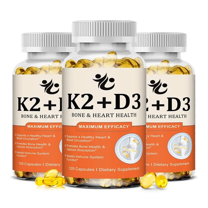 Cápsulas de vitamina D3 + K2 apoiam a absorção de cálcio, bem-estar ósseo e articular, função cardiovascular e saúde do sistema imunológico