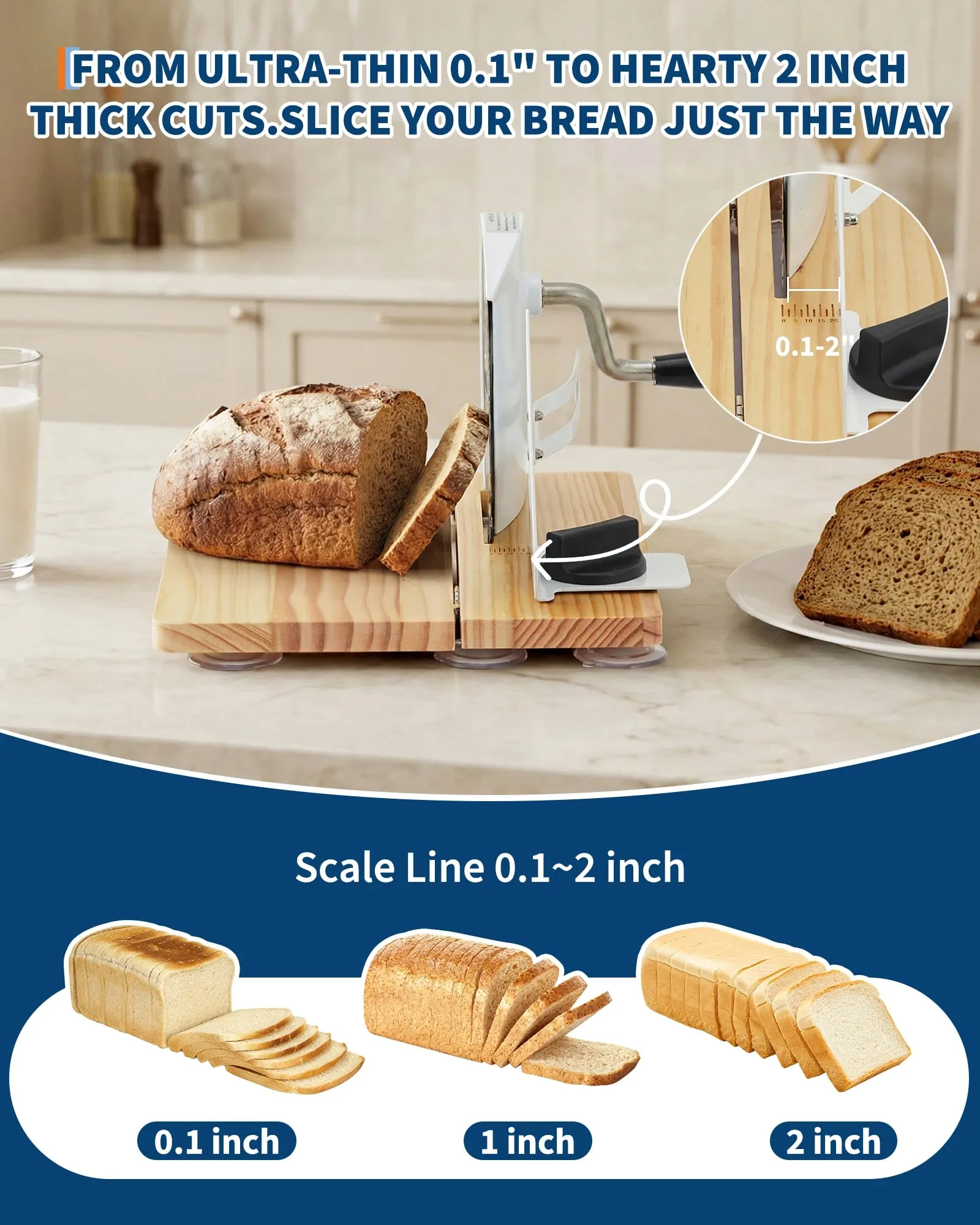 Fatiador de pão manual Cortador de pão de madeira dobrável com espessura ajustável de 0,1 "-2" Cortador de pão de qualidade alimentar para torradas de pão caseiro e bagels