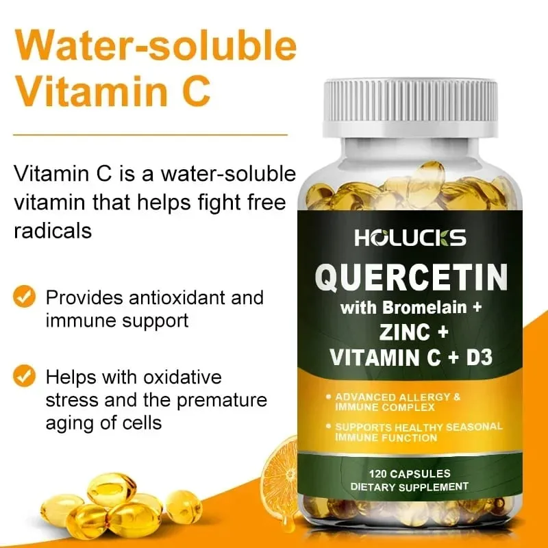 Suplemento avançado de quercetina vitamina C + D3 com bromelaína para imunidade, saúde da pele e ossos fortes, vitalidade geral vegana