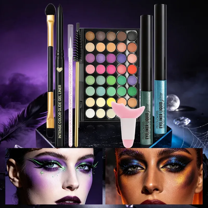 8 pçs/set halloween carnaval maquiagem dos olhos cor brilhante paleta de sombra brilho líquido delineador sobrancelha caneta pincéis de olho