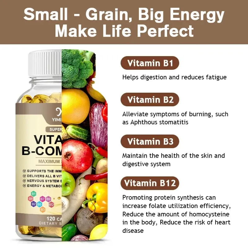 Vitamin B-Complex Capsules with Vitamin B12 & Biotin Support Nervous Bones Brain & Heart Health Metabolism Immune Energy