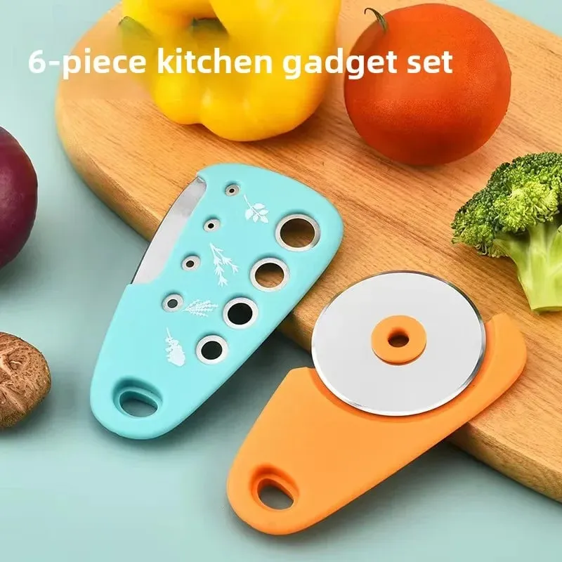 Sada kuchyňských vychytávek 6dílný nůž na pizzu vykrajovátka na vanilku lahvovač skartovačka sada mlýnků na česnek