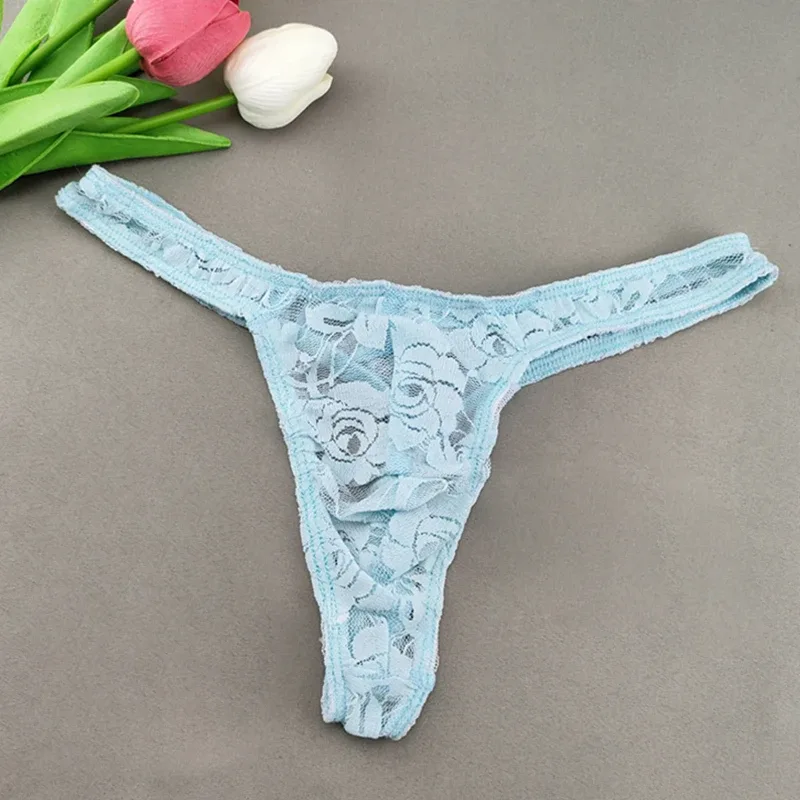 Lace Floral Sexy Men's Underwear Solid Hollow Perspective Thong Comfort Bugle Enhance Sissy G-String Gay Low Rise T-back Panties