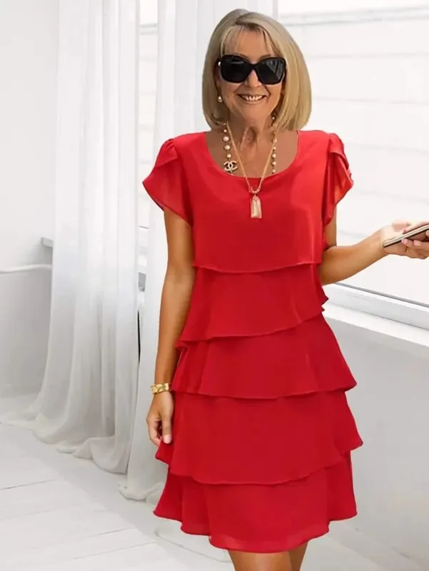 Women's Solid Color Round Neck Short Sleeve Casual Multi-Layered Mini Dress — image 3
