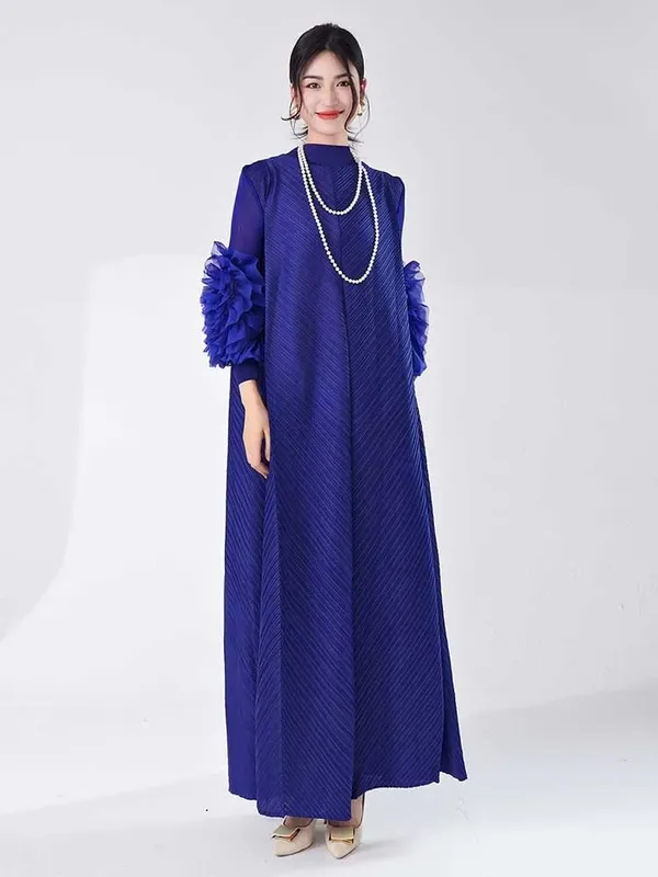 Vestido longo plissado com mangas babados, solto, cor sólida, costura, roupas femininas para festa, verão, roupas novas 2da5900