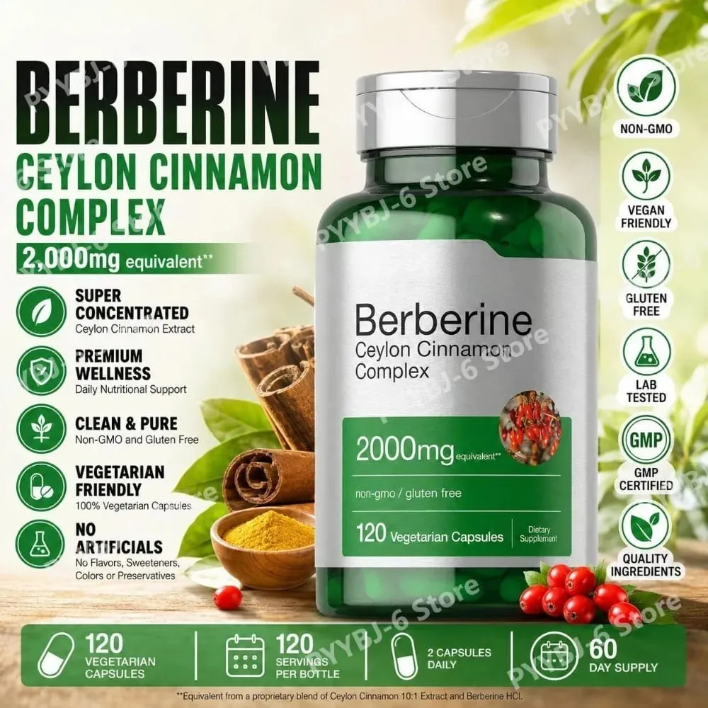 Berberine Ceylon Cinnamon Complex 2000mg Cápsulas vegetarianas Não-OGM Suplemento diário de bem-estar sem glúten para adultos 120 contagens
