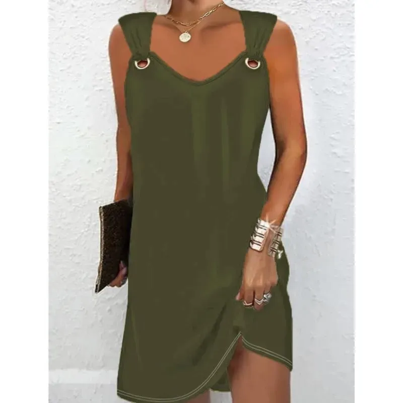 Mulheres verão vestidos casuais 2025 elegante estilo simples cor sólida botão de metal com decote em v sem mangas vestido feminino sexy midi vestidos