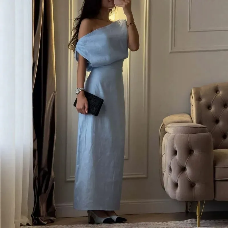 Elegante um ombro assimétrico vestido longo plissado chique cor sólida gola inclinada magro cinched fenda algodão linho mistura vestidos