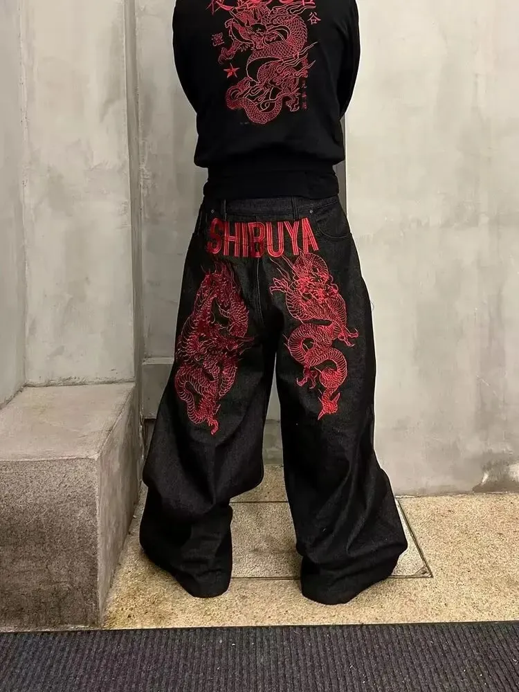 Calça jeans americana retrô bordada, hip-hop, adequada para homens e mulheres, y2k, calça legal até o chão, pernas largas