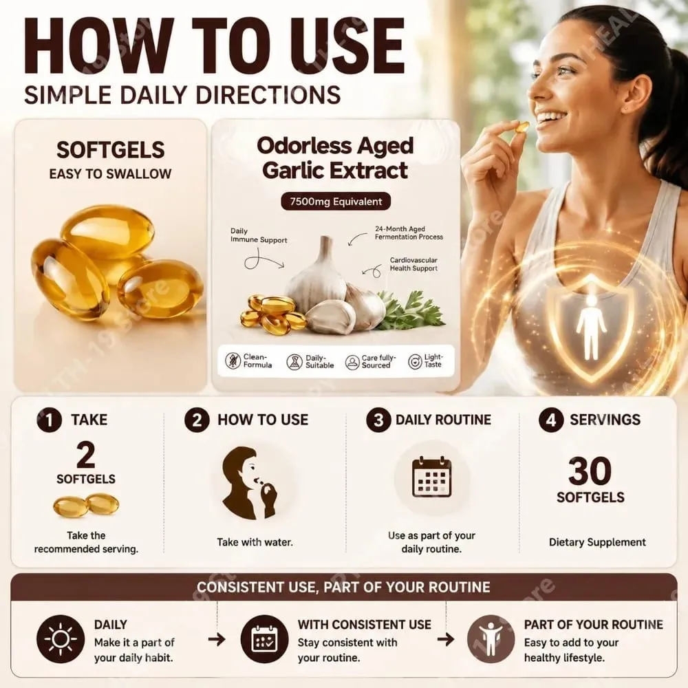 Extrato de alho envelhecido inodoro Softgels 7500mg equivalente 24 meses fermentado para suporte cardio metabólico imunológico adulto 30 contagens