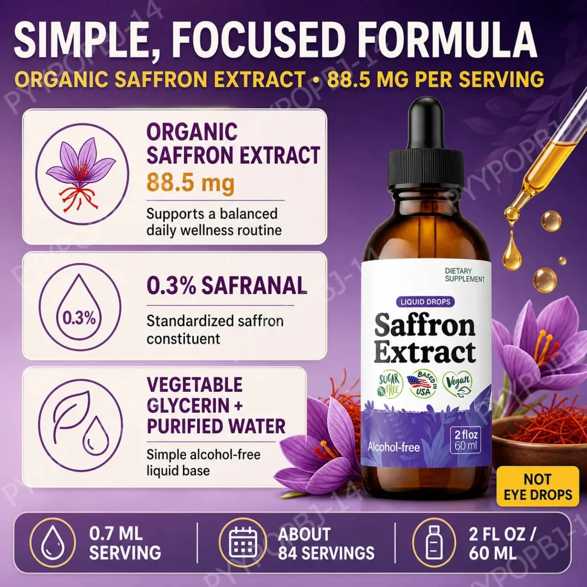 Extrato líquido de açafrão orgânico cai suplemento de ervas à base de plantas vegan açúcar sem álcool 60ml suplementos diários de saúde