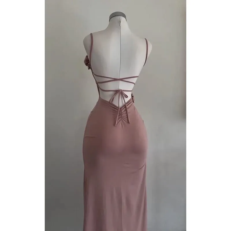 Sexy sem mangas vestido de fenda a céu aberto elegante tridimensional rosa vestido fino 2025 verão moda senhoras festa clube vestidos — image 5