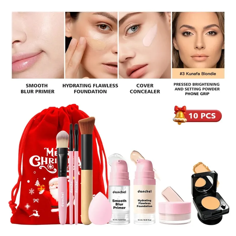 10 pçs conjunto de maquiagem primer fundação corretivo configuração pó pincéis de maquiagem beleza esponja rosto cheio kit cosméticos presente natal