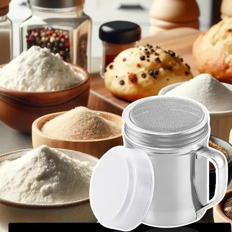 Agitador de aço inoxidável, espanador de açúcar em pó com alça, abanadores de metal, malha fina, sal e pimenta