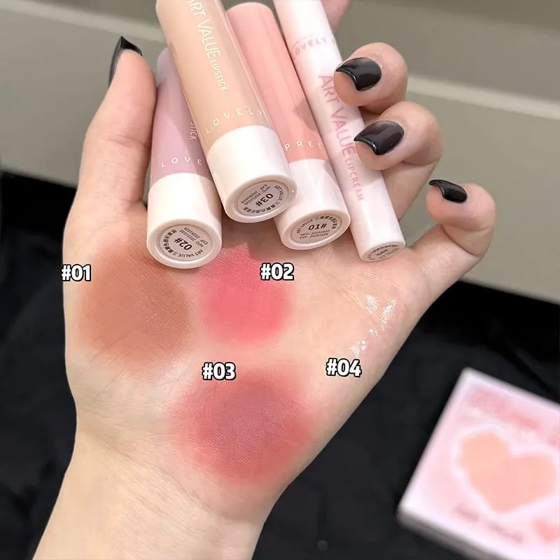 VALOR DA ARTE 4 PCS Conjuntos de maquiagem labial incluem 3 cores batom líquido fosco aveludado e 1 kit de cosméticos de óleo bálsamo labial gloss duradouro