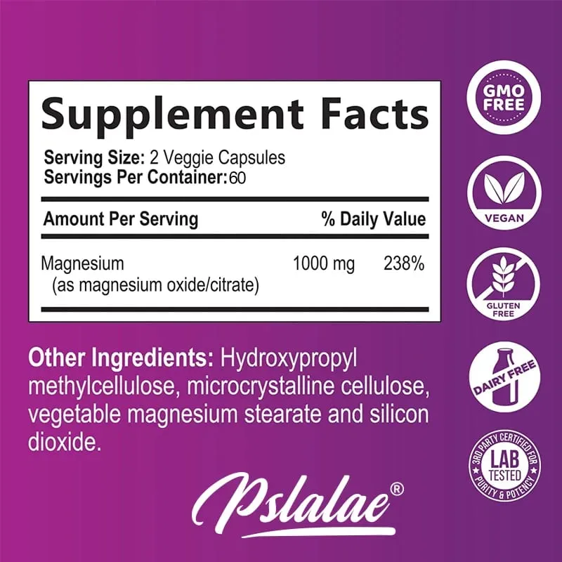 Magnesium Citrate Capsules 1000 Mg - Maximum Absorption for Muscle Nerve Bone and Heart Health Gluten Free Non-GMO