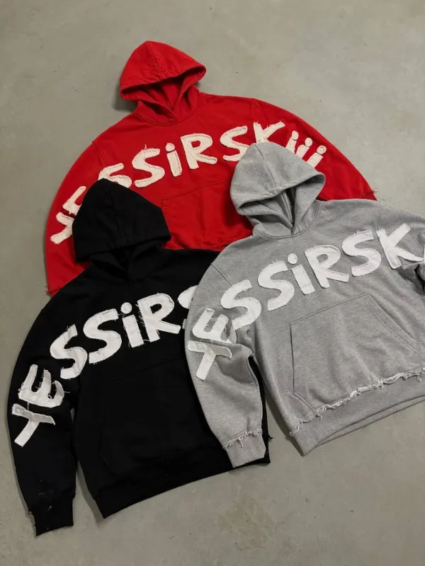 Y2K Men Oversized Hoodie Frayed Raw Edge Patch Letter Print Pullover Hooded Sweatshirt Multi Color Hip Hop Streetwear Hoodies