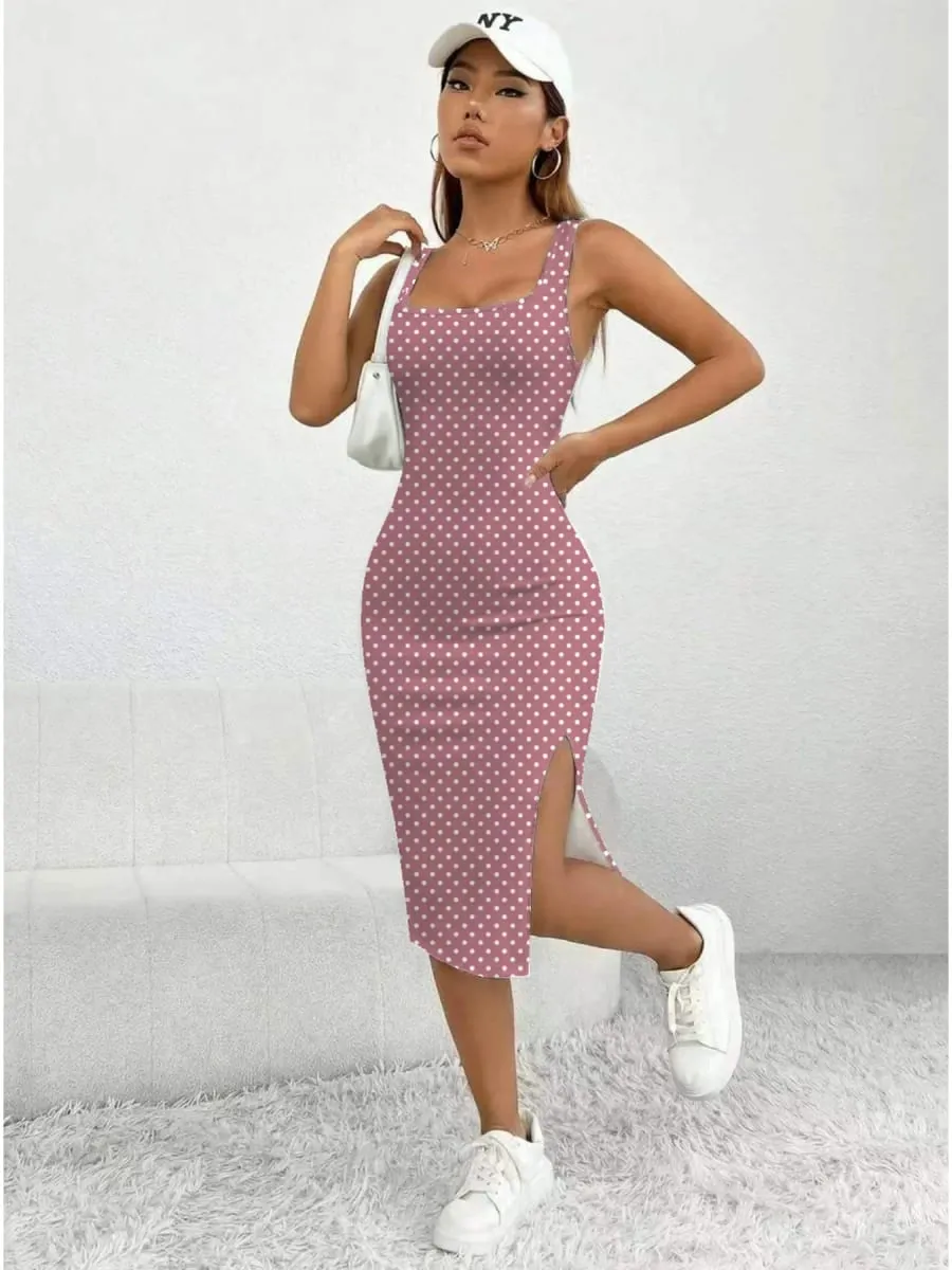 Vestido feminino casual elegante com alça grossa, gola quadrada, sem mangas, estampa de bolinhas, saia de comprimento médio — image 5
