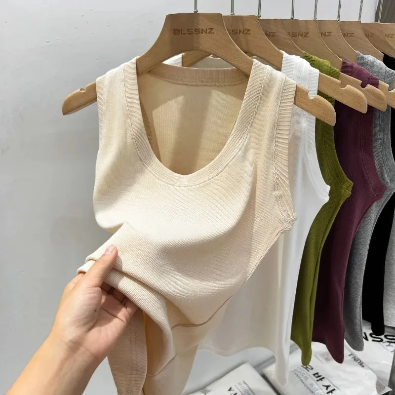 2026 verão básico elástico tanque superior feminino sólido baixo em torno do pescoço com nervuras camisola estilo coreano versátil magro tanques & camis
