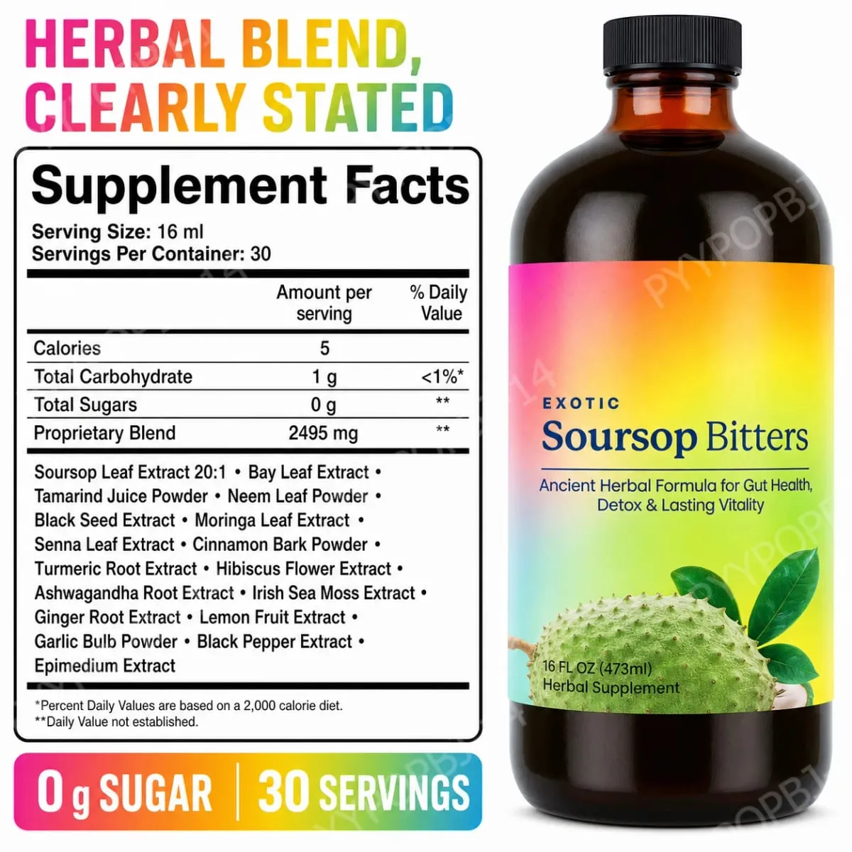 Suplemento de ervas para bem-estar exótico de graviola amarga, fórmula à base de plantas 16 Fl Oz (473ml)