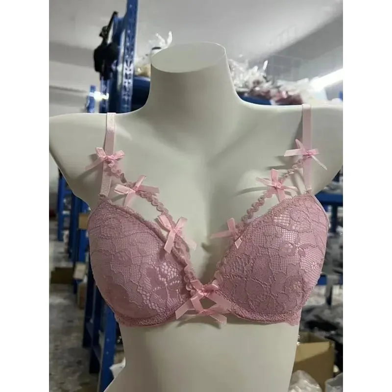 Aesthetic Layered Lace Bra Set - Hollow Out Halter Top with Bow Inner Red Lace Up Bra Two Piece Matching Lingerie for Women AB