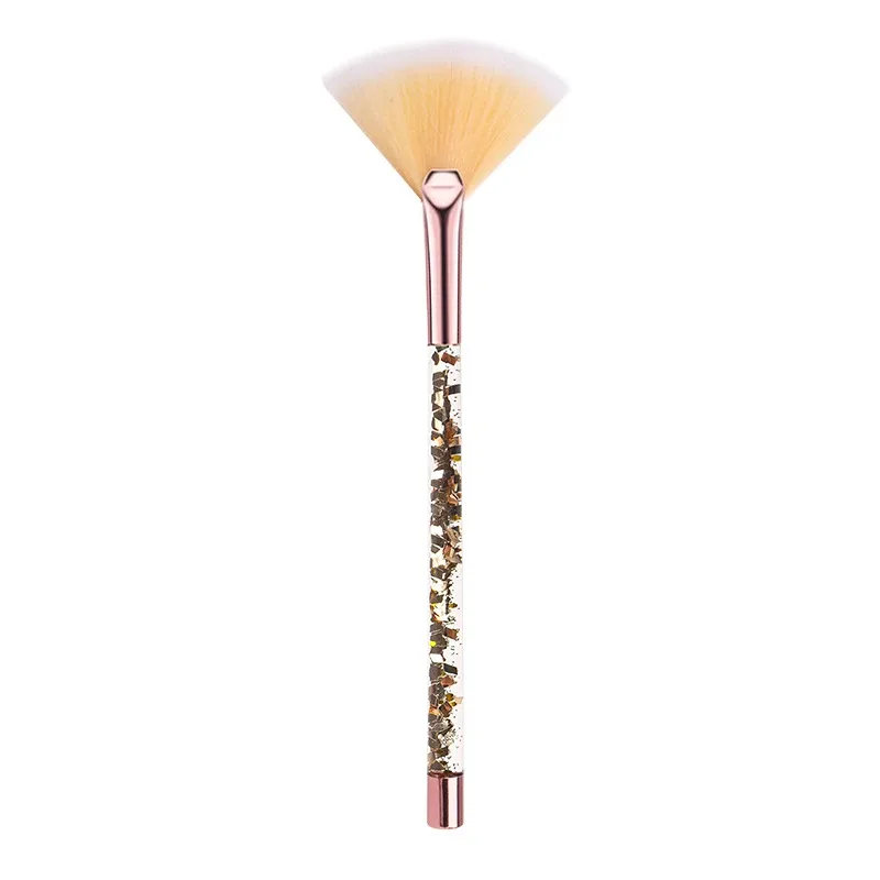 Pincel de maquiagem leque com glitter, 5 peças, cabo transparente, cerdas macias, iluminador, pó, blush, rosto, ferramenta de beleza cosmética