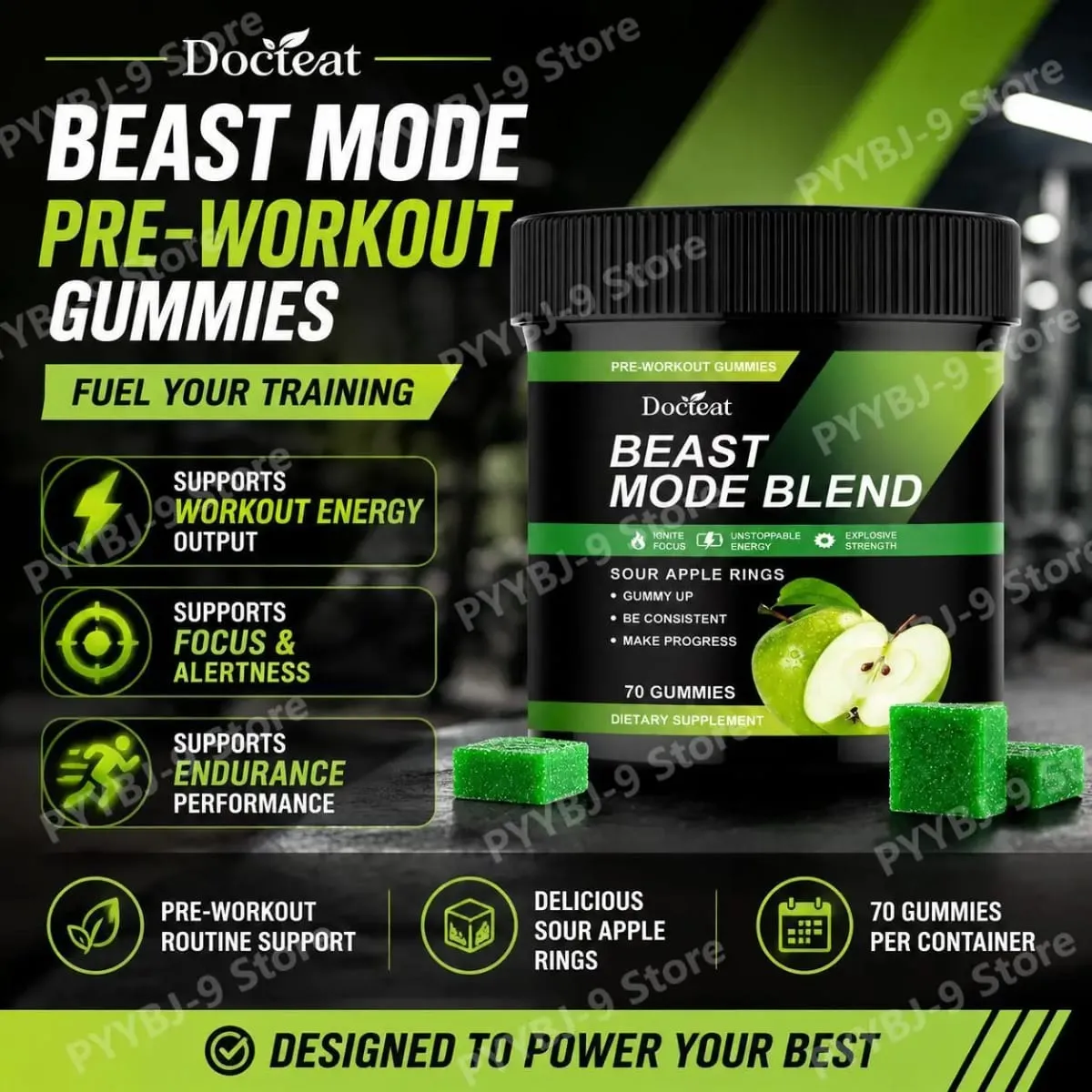 Docteat Beast Mode Blend Pré-treino Gummies Foco de Energia e Suporte de Resistência para Treinamento de Força e Ginásio Ativo Dias 70 Contagem