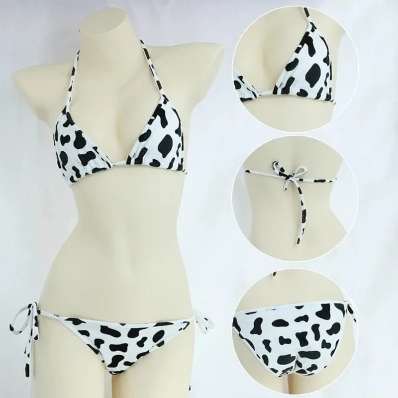 Conjunto de biquíni feminino estilo japonês bonito leite vaca pontilhada mini conjuntos de biquíni roupa interior halter pescoço sutiãs topo com cuecas calcinha
