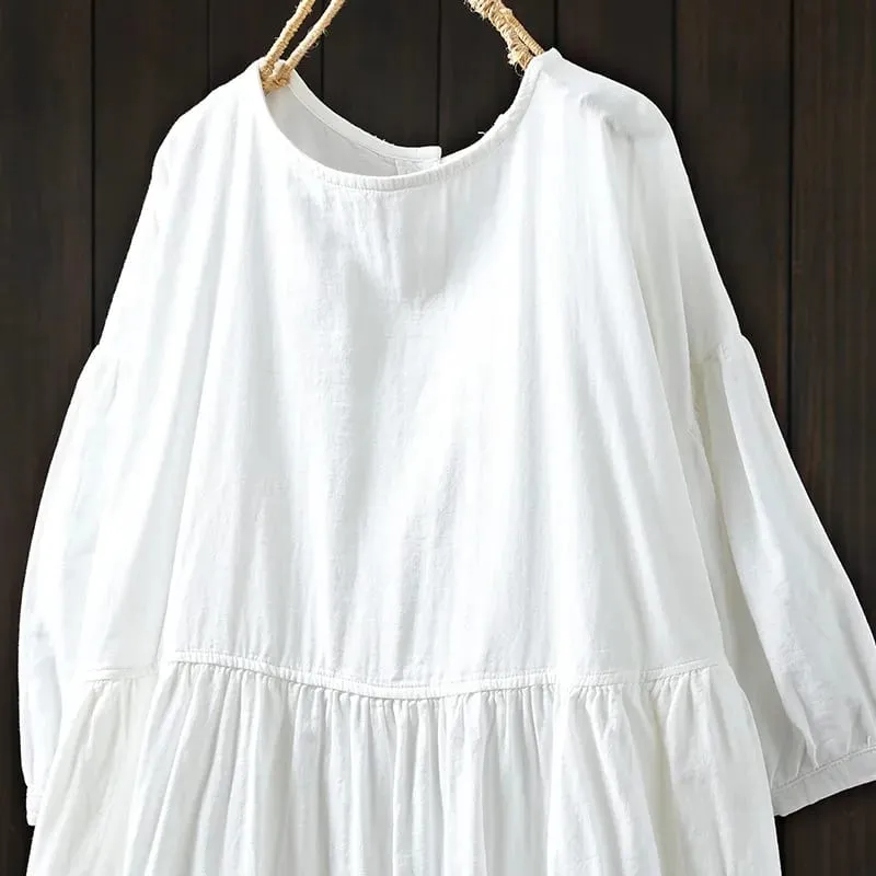 Johnature vestidos femininos de algodão vintage, gola redonda, meia manga, macio, cor sólida, roupões, verão 2025, novo, casual, linha a, vestido feminino — image 7