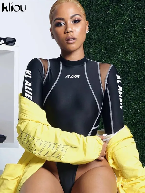 Kliou feminino manga cheia gola alta bodysuits malha retalhos carta impressão biker nova moda feminina treino rua casual macacão