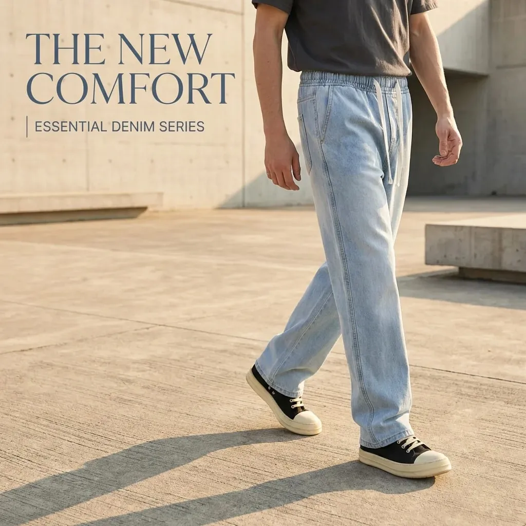 Calça jeans solta masculina, azul claro, cintura elástica, cordão, primavera, verão, outono e inverno, versátil, confortável, ajuste casual, calças jeans