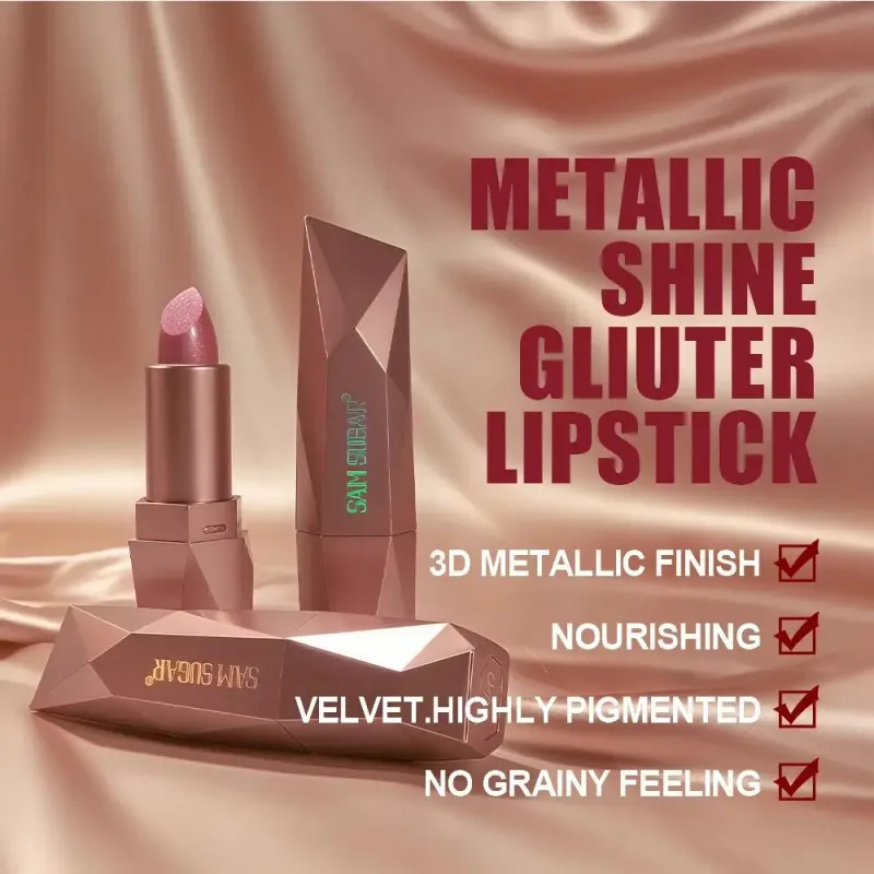 Batom com glitter diamante de longa duração, hidratante à prova d'água, altamente pigmentado, brilho metálico perolado, antiaderente