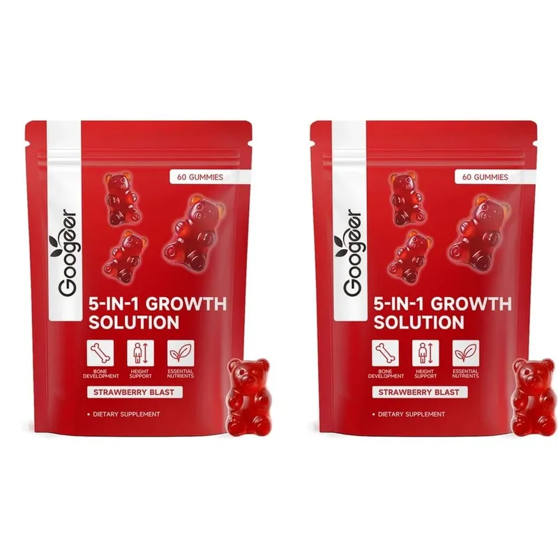 Googeer 5 em 1 solução de crescimento gomas para desenvolvimento ósseo e suporte de altura vitamina D3 K2 cálcio morango explosão 60 gomas