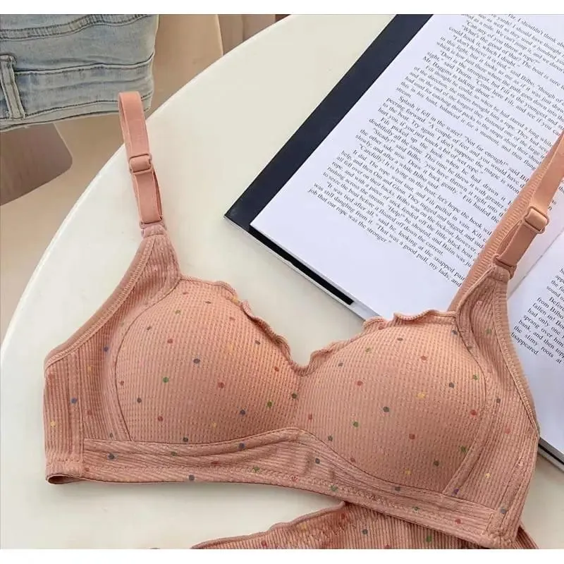 Sutiã sem fio de bolinhas brancas para adolescentes, suporte de retração de busto, conjunto de bralette não acolchoado, peito pequeno, anti flacidez, moyisu