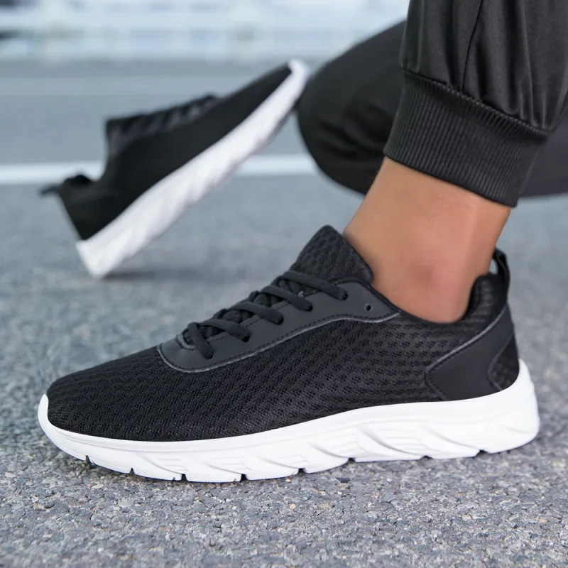 Sólido preto masculino sapatos atléticos oco malha superior antiderrapante luz sola jogging treinamento casual viagem diária esporte ao ar livre footwea